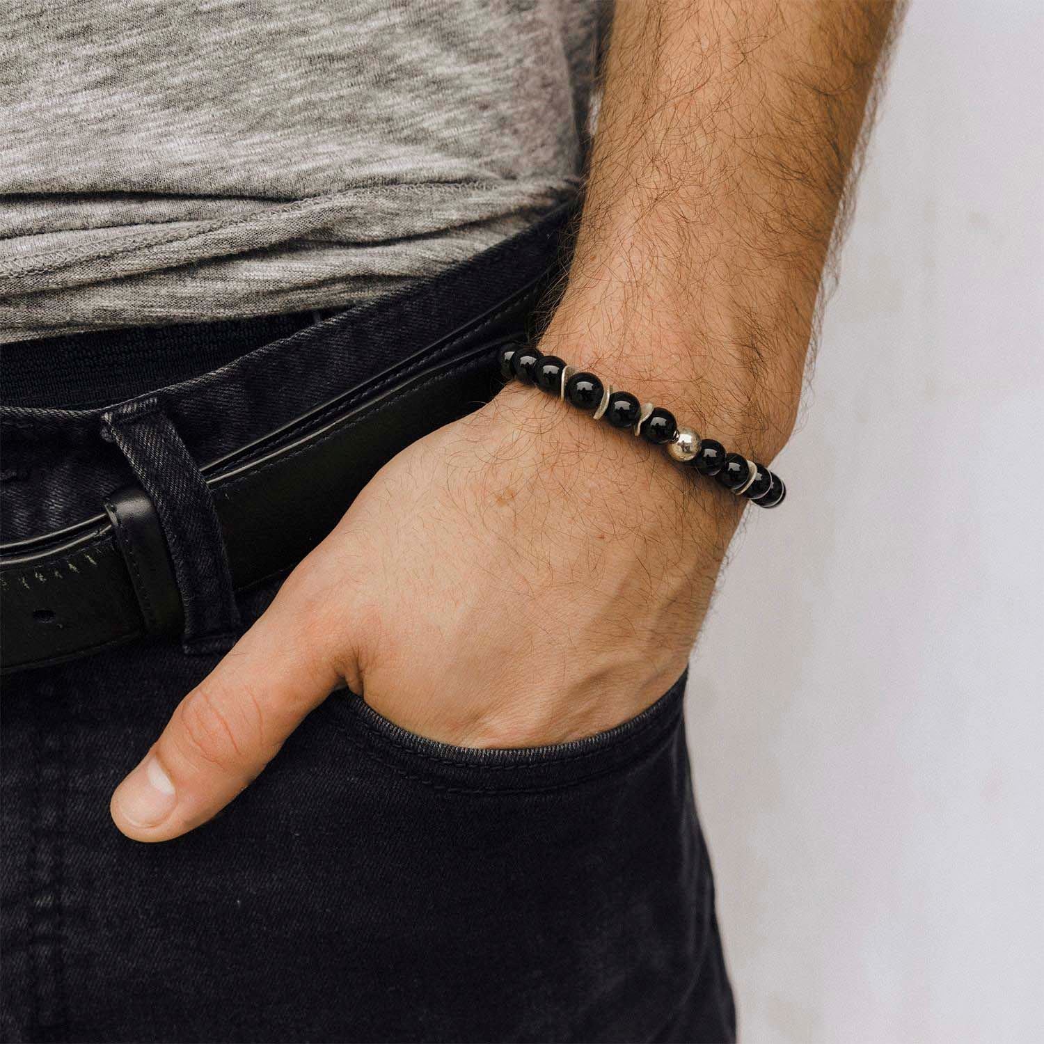 Men's Mr. LOWE Onyx Bracelet with Silver Bead and Wavy Disks - 8mm