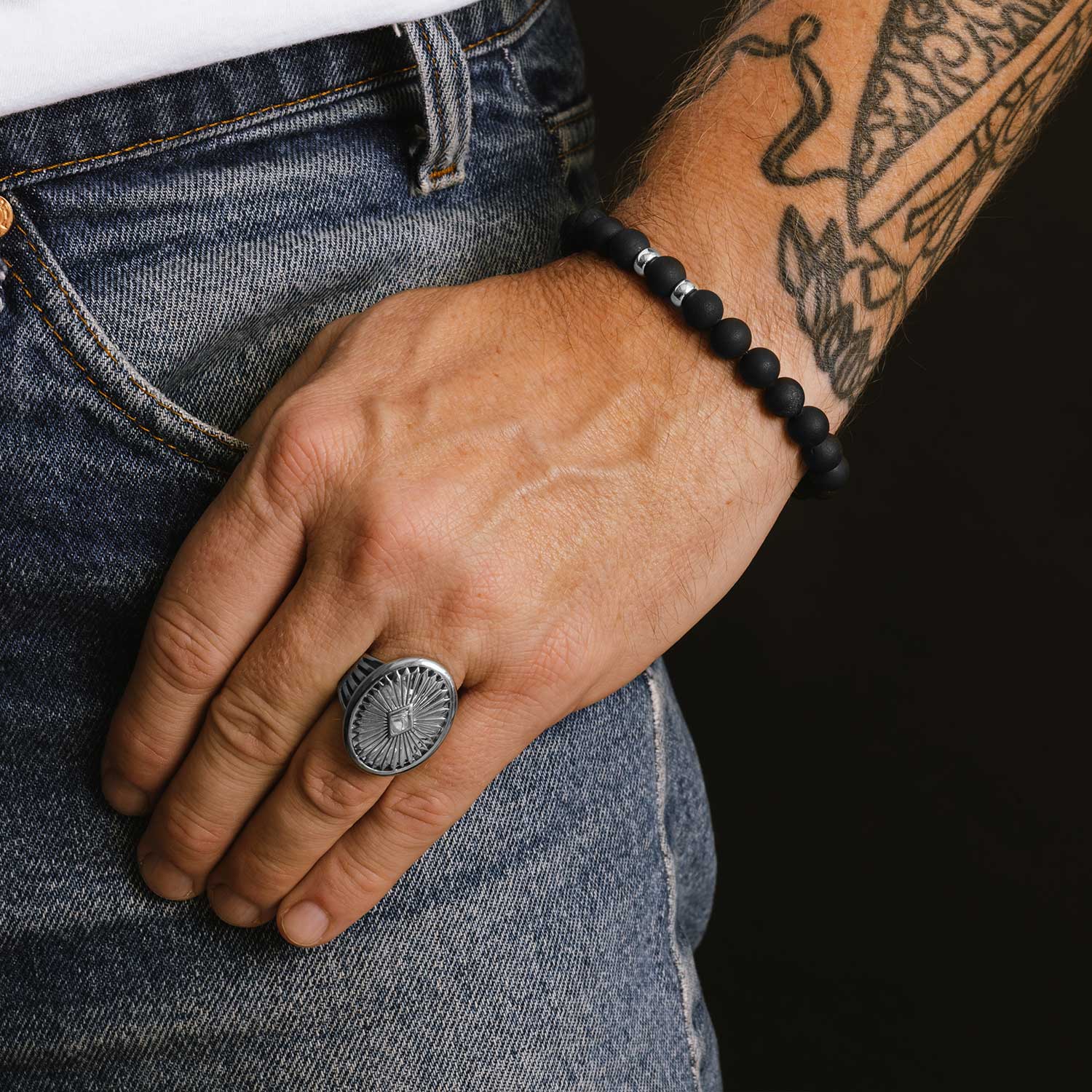 Men's Mr. LOWE Black Druzy Agate Bracelet with Two Silver Rondelles - 8mm