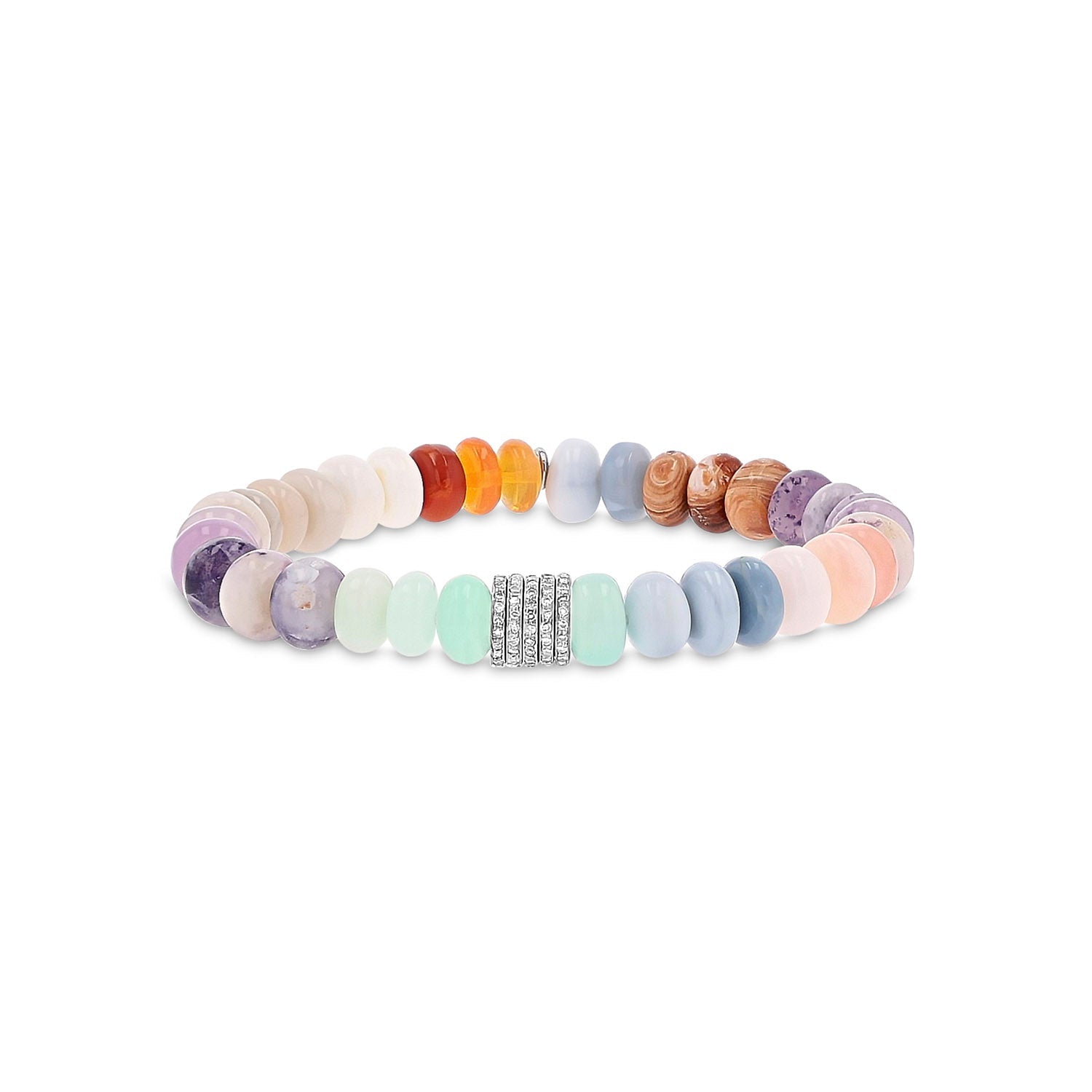 Rainbow Candy Opal Bead Bracelet with 5 Pave Diamond Rondelles - 8mm