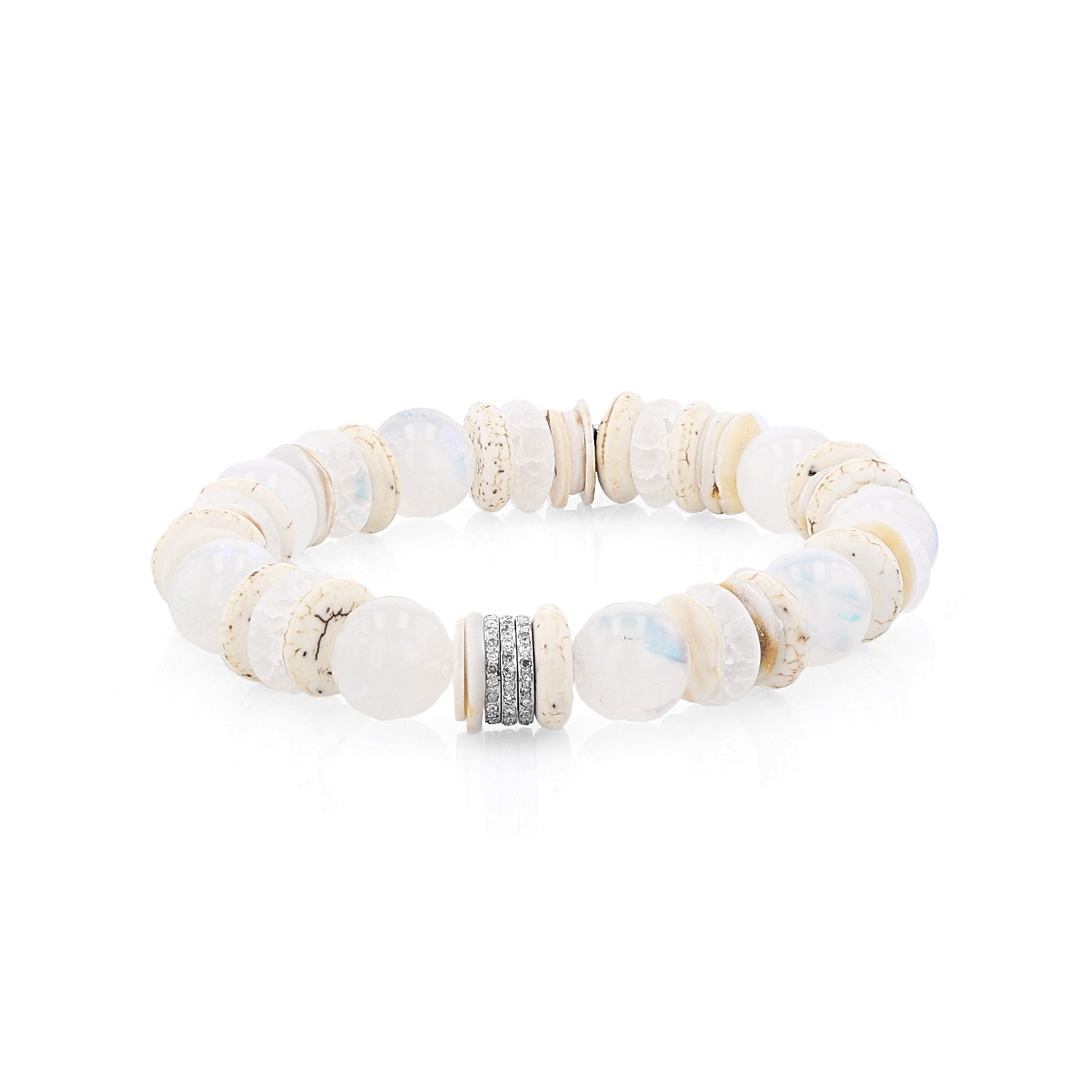 White Mix Bead Bracelet with 3 Diamond Rondelles - 10mm