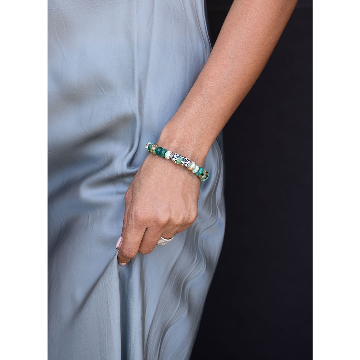 Green African Mix Bead Bracelet with Diamond Rondelles - 10mm B0003924