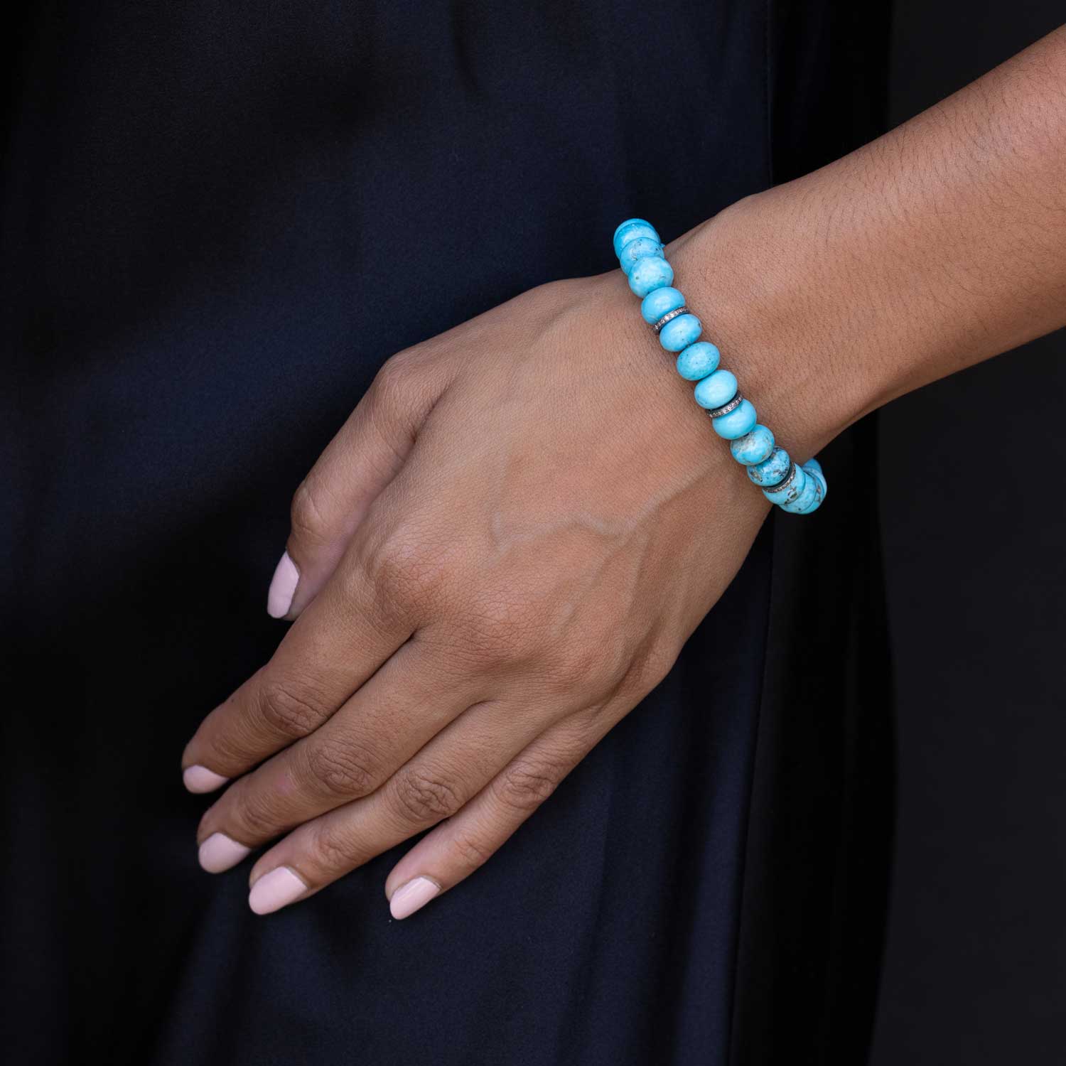 Arizona Turquoise Beaded Bracelet with 3 Diamond Rondelles - 10mm B0003991