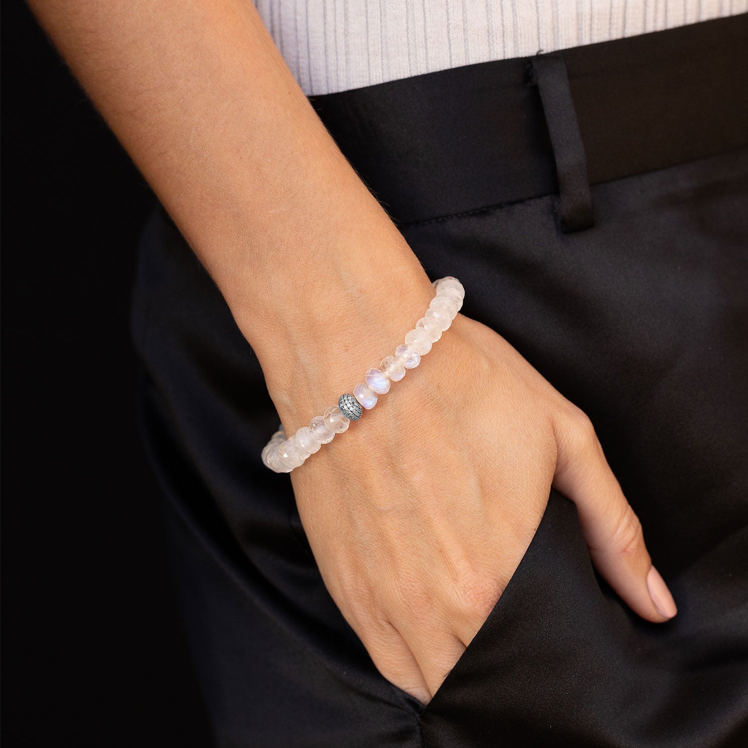 Moonstone Beaded Bracelet with Diamond Donut - 8mm B0003992