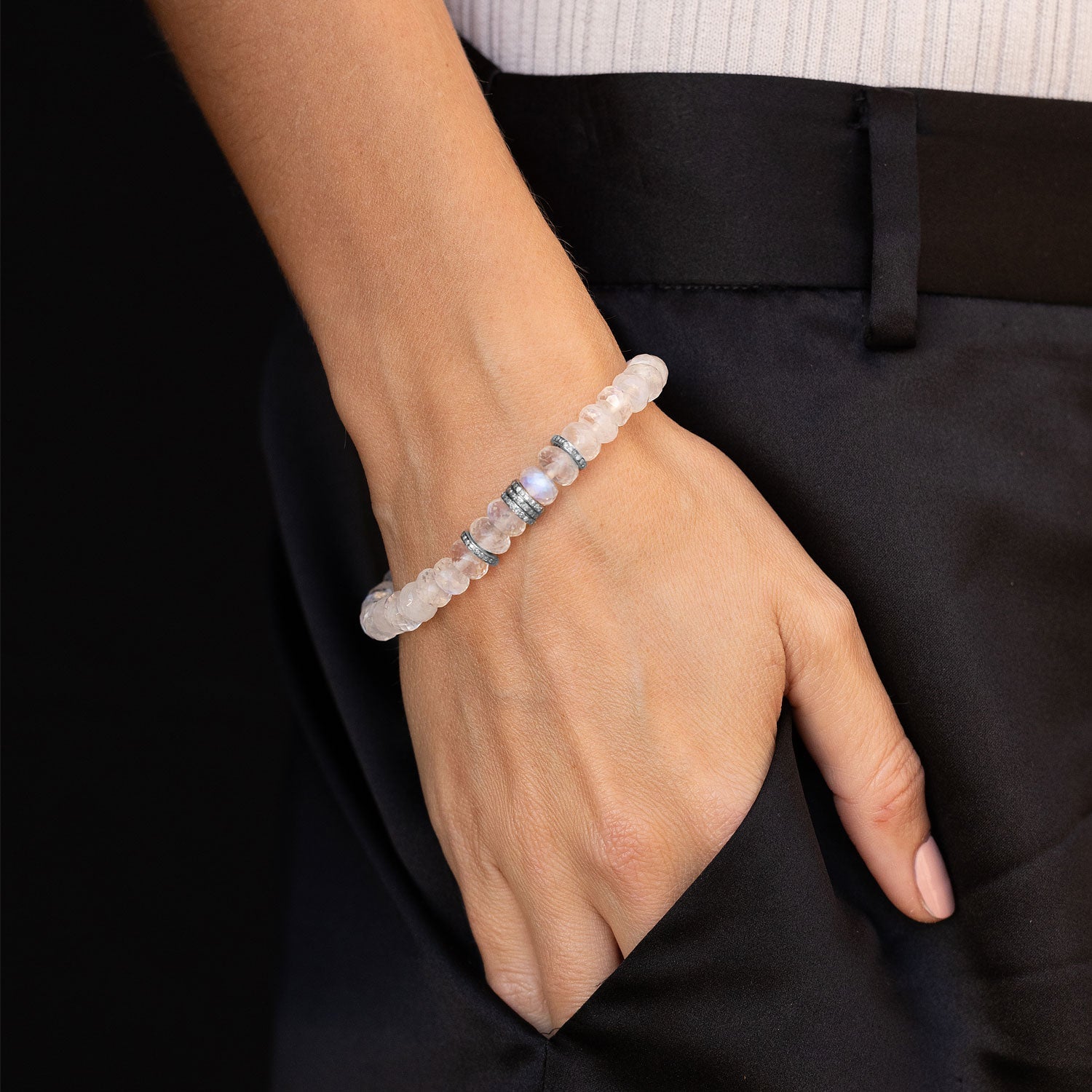 Moonstone Beaded Bracelet with Diamond Rondelles - 8mm B0003993