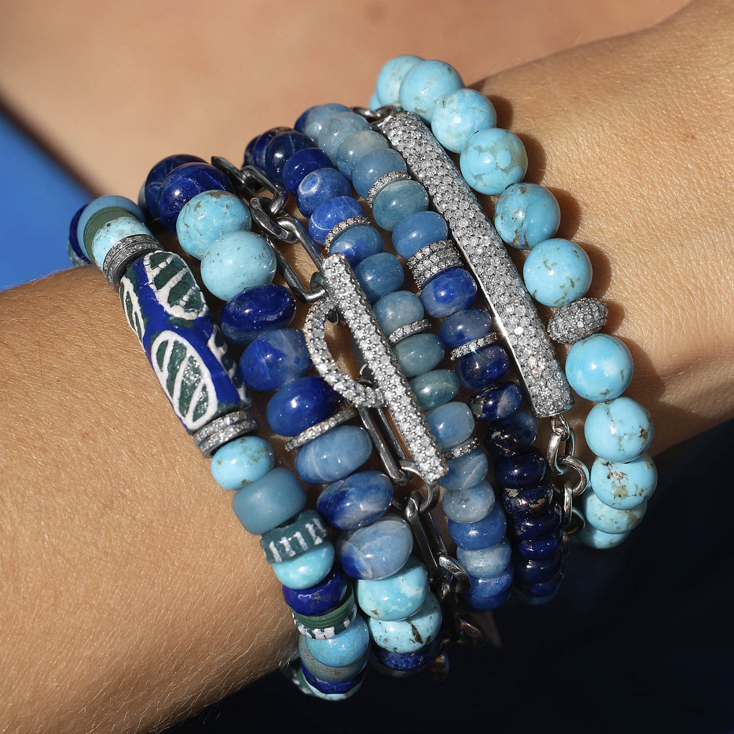 Afghanite and Turquoise Mix Bracelet with Diamond Rondelle - 10mm B0003984