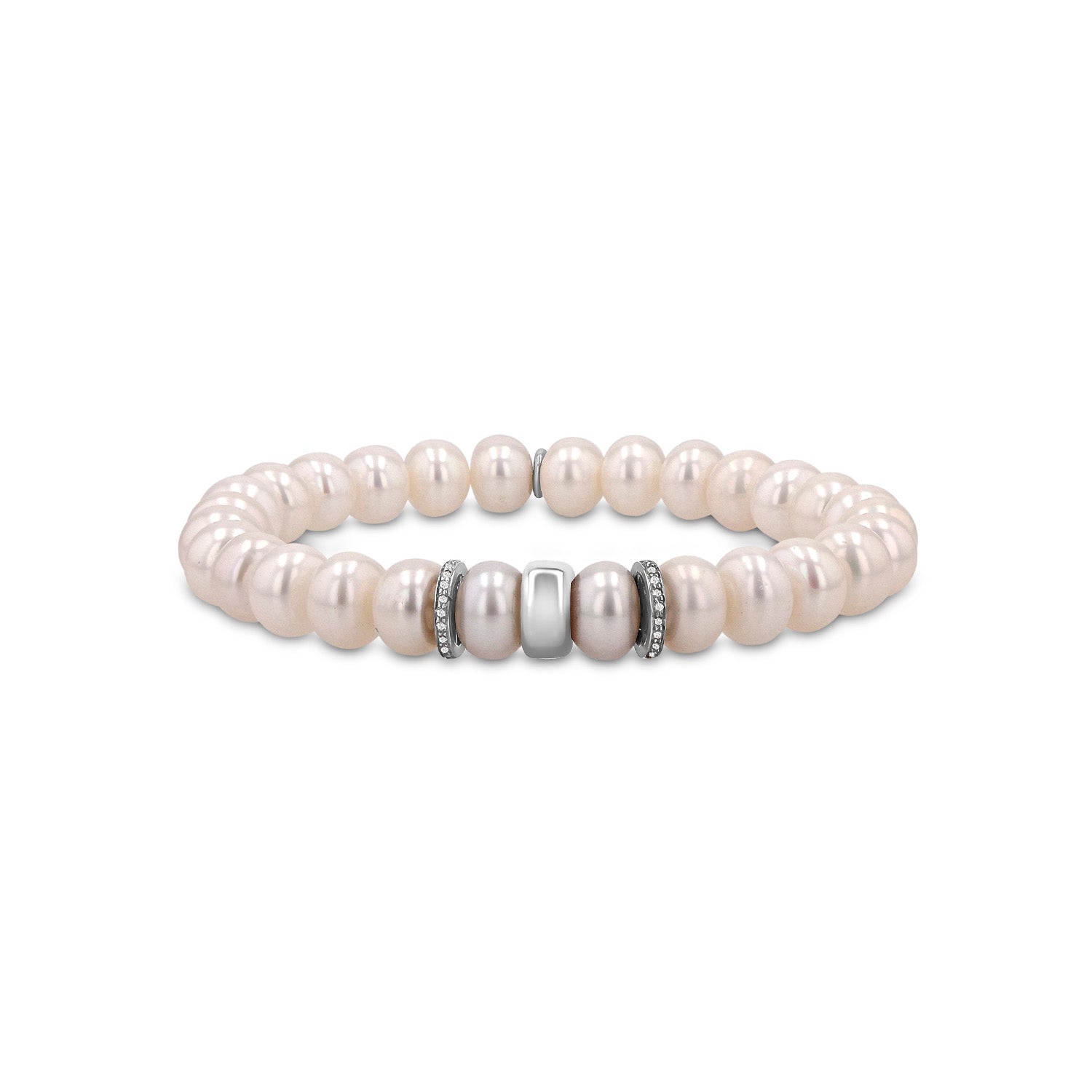 Pearl Bracelet with Diamond and Silver Rondelles - 8mm