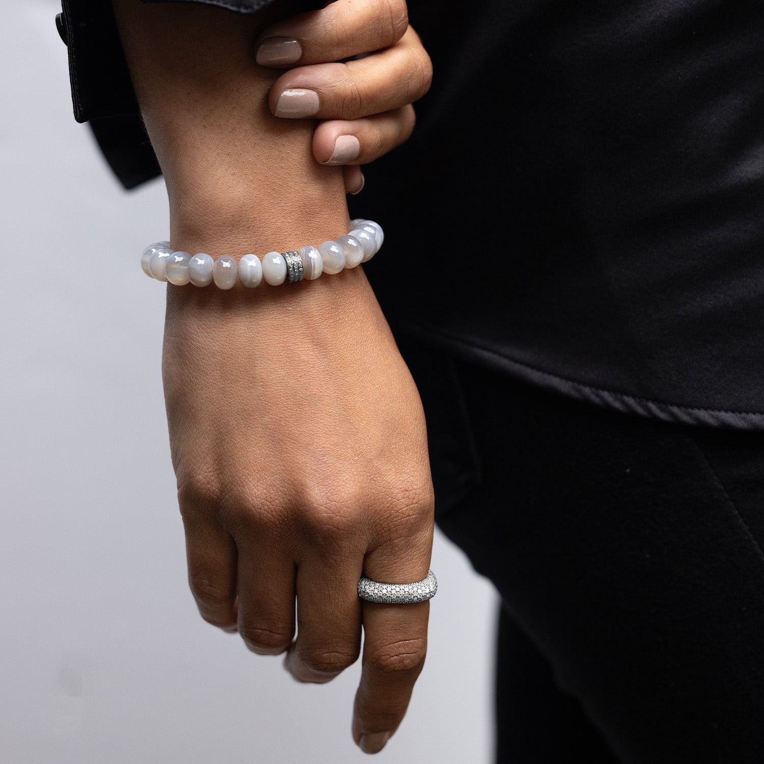 Botswana Agate Bracelet with 3 Diamond Rondelles - 10mm B0004101