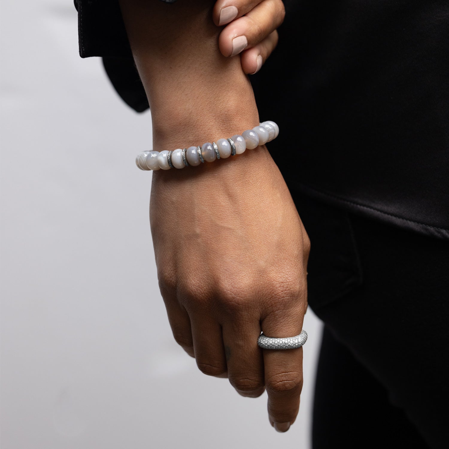 Botswana Agate Bracelet with 5 Diamond Rondelles - 10mm B0004102