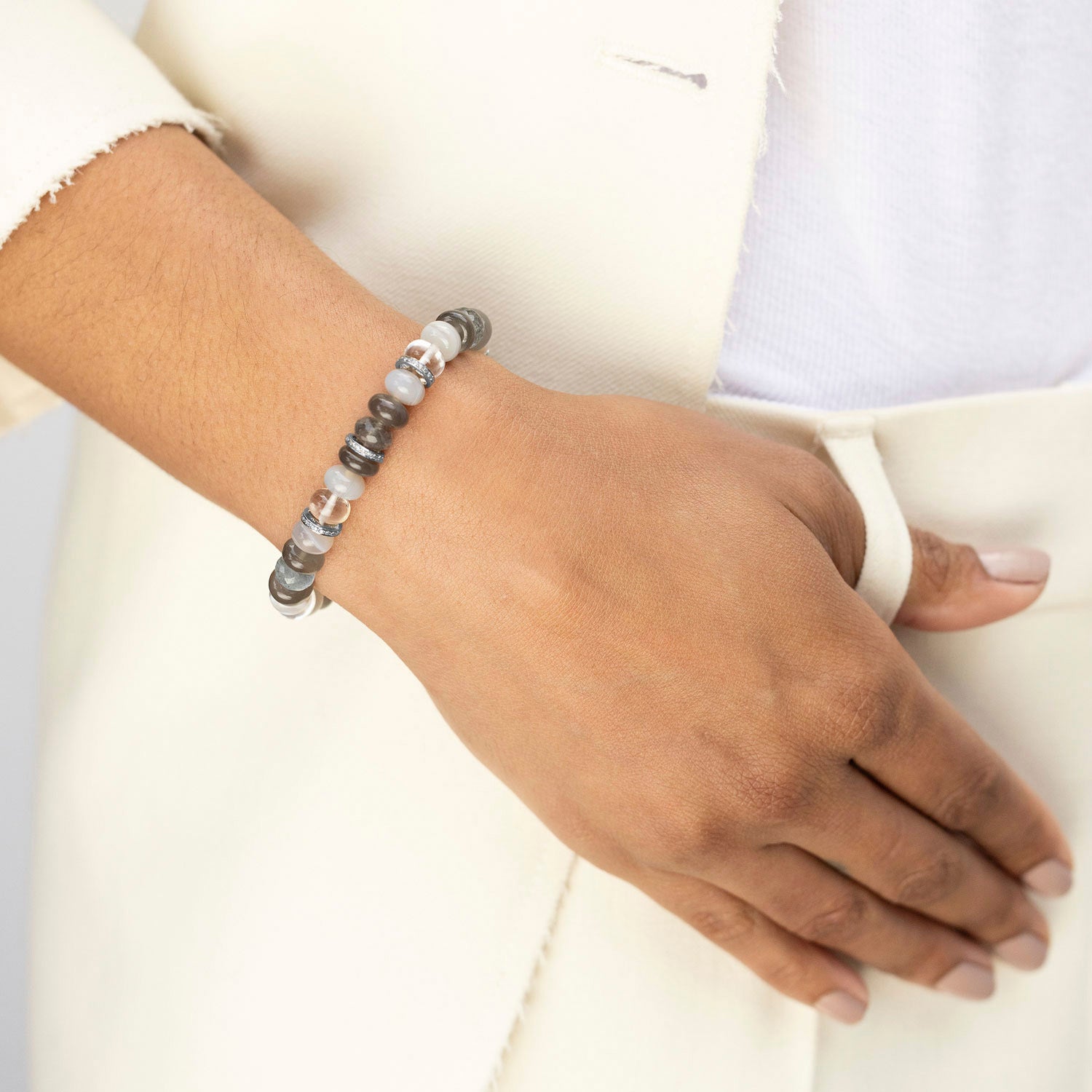 Grey Mix Gemstone Bracelet with 3 Diamond Rondelles - 8mm B0004114