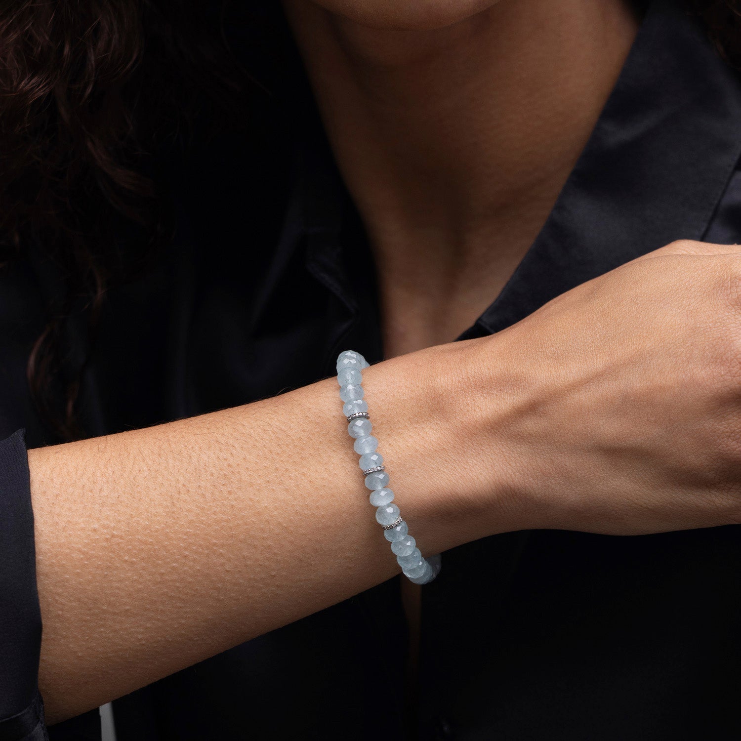 Aquamarine Bracelet with 3 Diamond Rondelles - 7mm B0004123