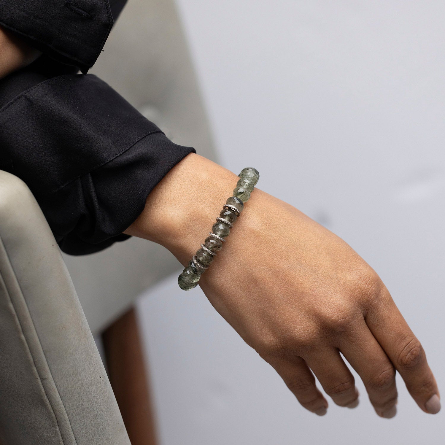 Green Rutile Quartz Bracelet with 5 Diamond Rondelles - 10mm B0004125