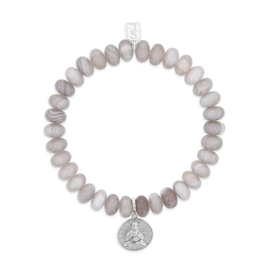 Botswana Agate Bracelet with Diamond Bezel Buddha Charm - 8mm