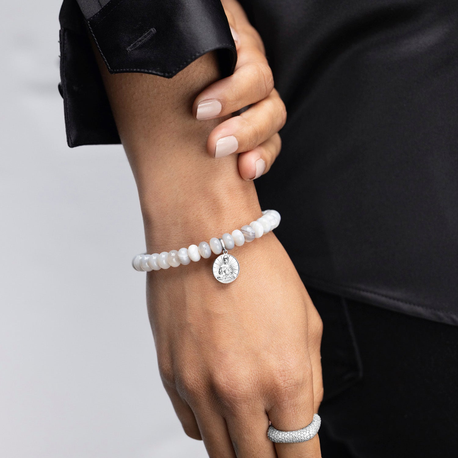 Botswana Agate Bracelet with Diamond Bezel Buddha Charm - 8mm B0004171