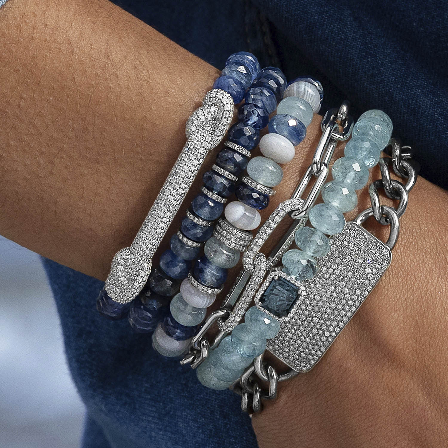 Blue & Grey Gemstone Mix Bracelet with 5 Diamond Rondelles - 8mm B0004187