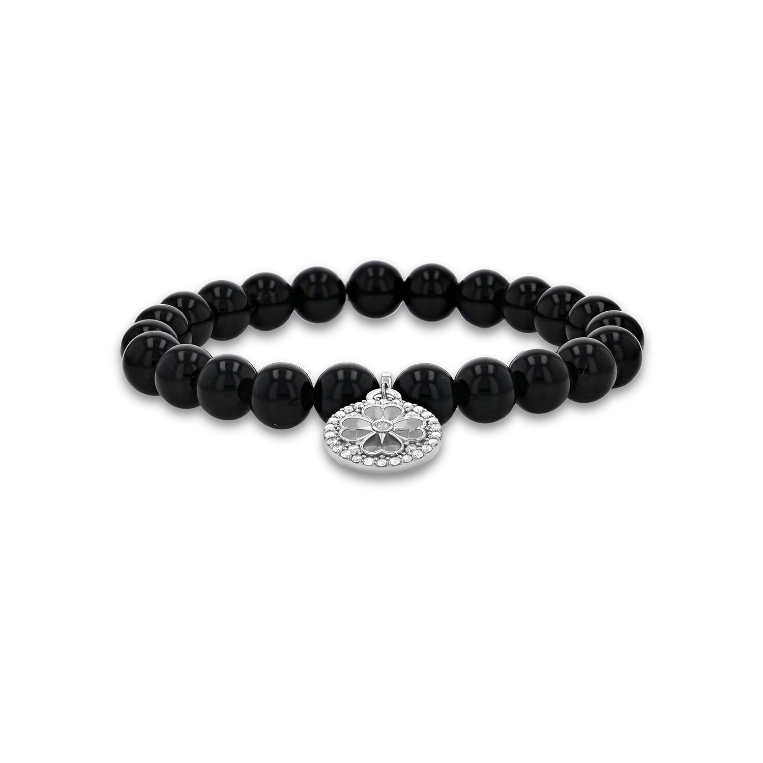 Onyx Bracelet with Diamond Open Clover Charm - 8mm B0004301