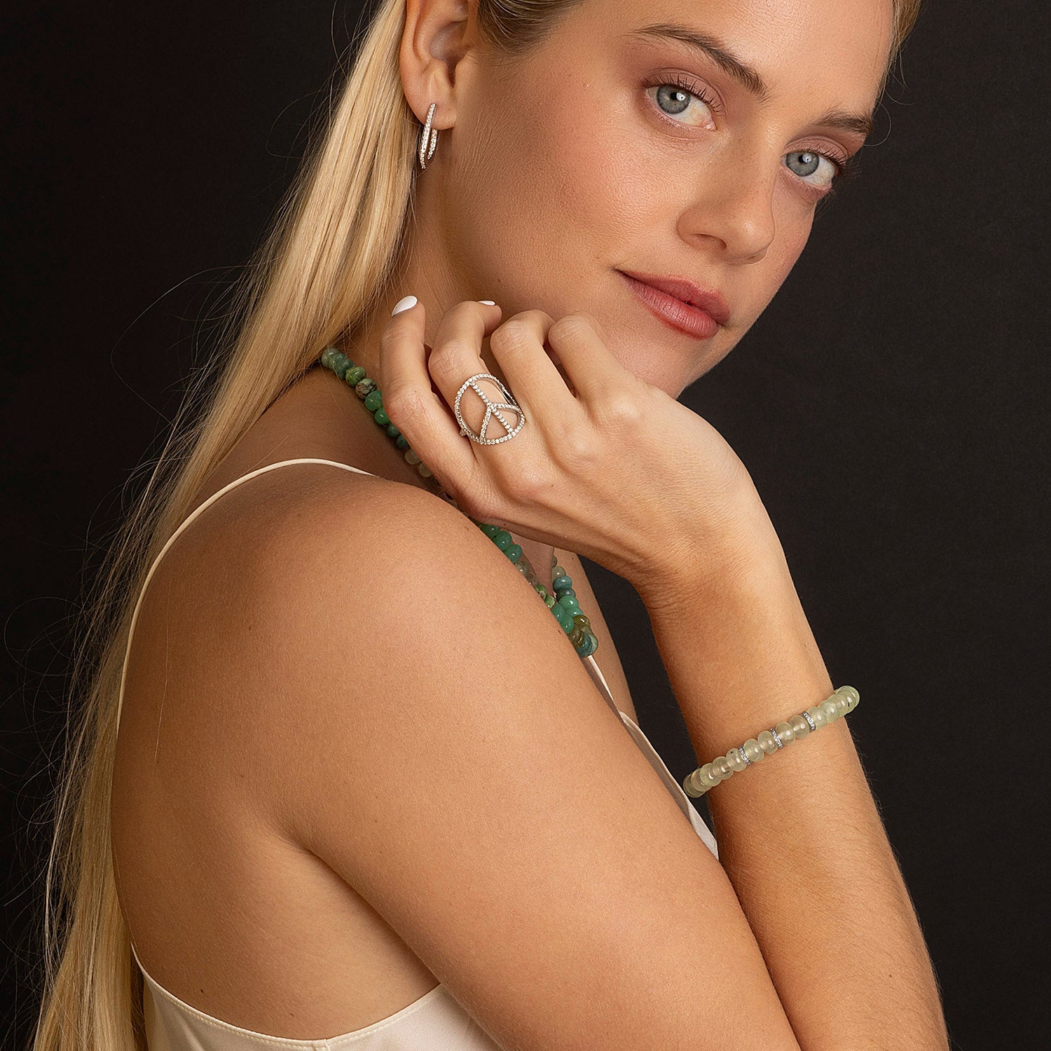 Prehnite Beaded Bracelet with 3 Diamond Rondelles - 8mm B0004237