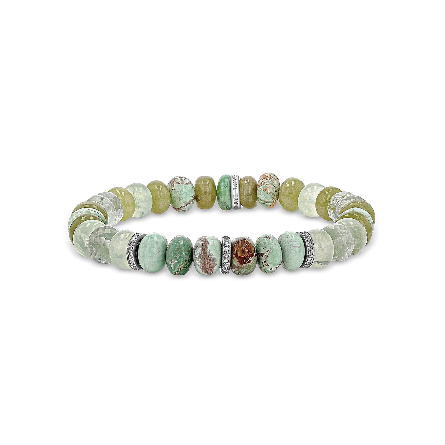 Green Mix Gemstone Beaded Bracelet with 3 Diamond Rondelles - 8mm