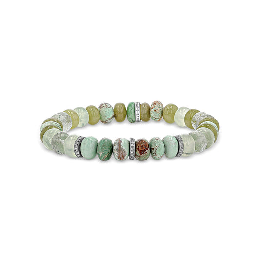 Green Mix Gemstone Beaded Bracelet with 3 Diamond Rondelles - 8mm