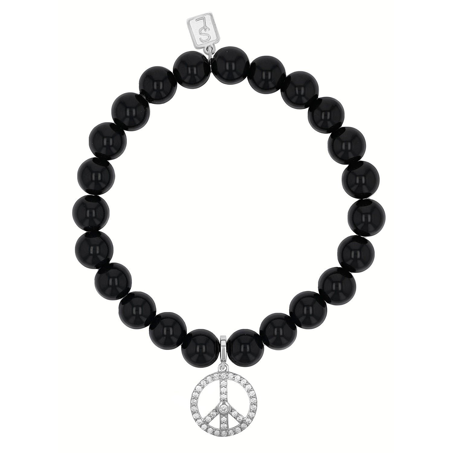 Onyx Bracelet with Diamond Peace Sign Charm - 8mm