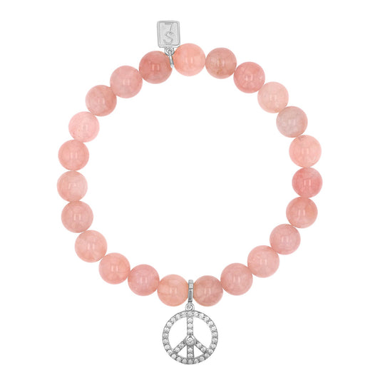 Rose Quartz Bracelet with Diamond Peace Sign Charm - 8mm