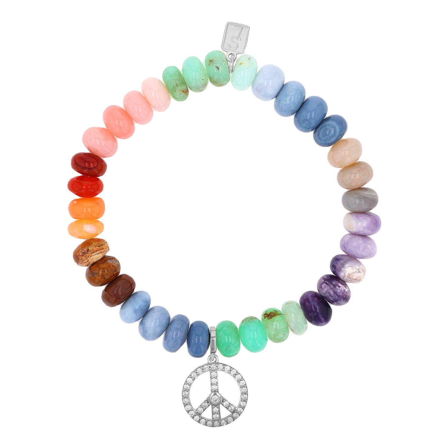 Rainbow Opal Mix Bracelet with Diamond Peace Sign Charm - 8mm