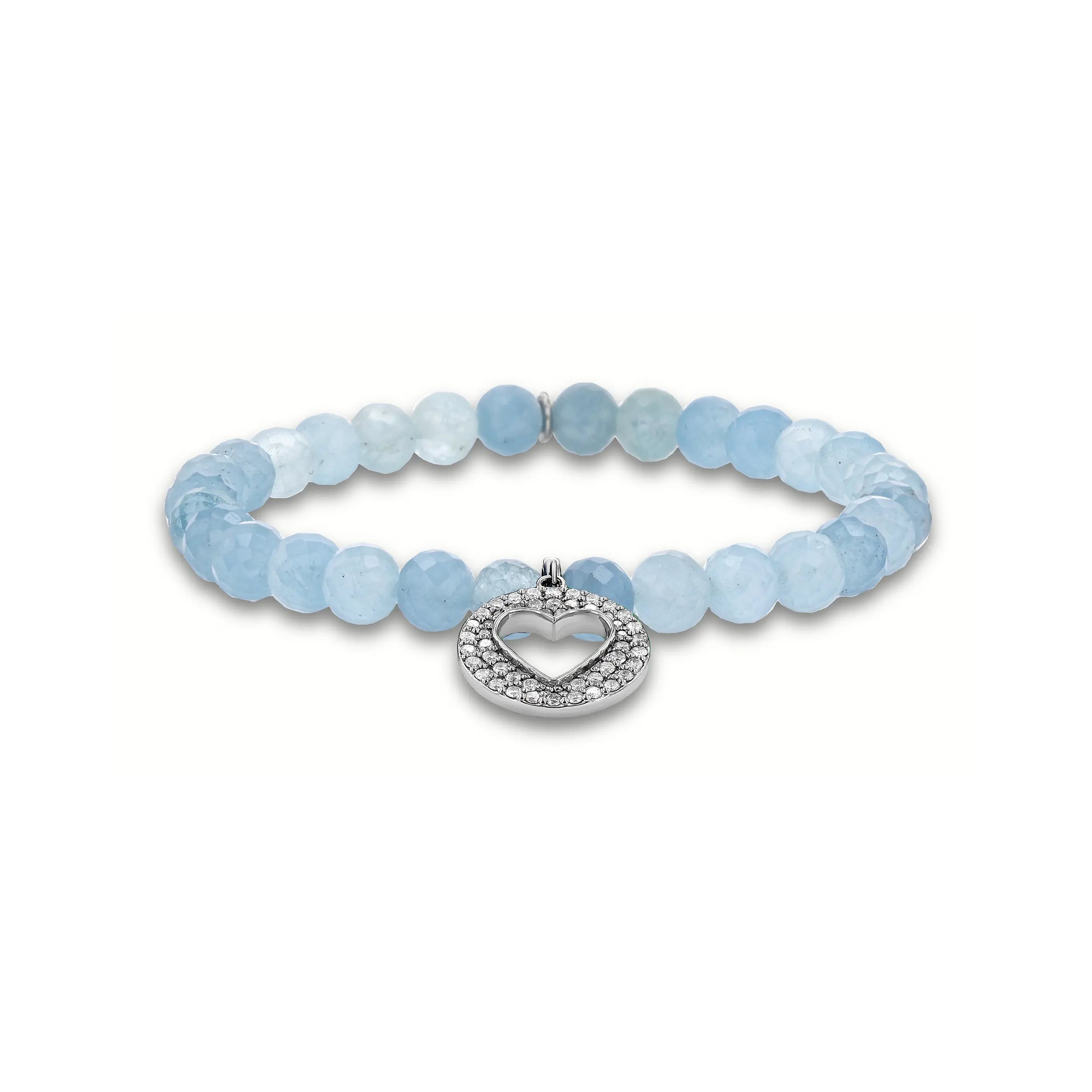 Aquamarine Bracelet with Diamond Open Heart Charm - 6mm B0004298
