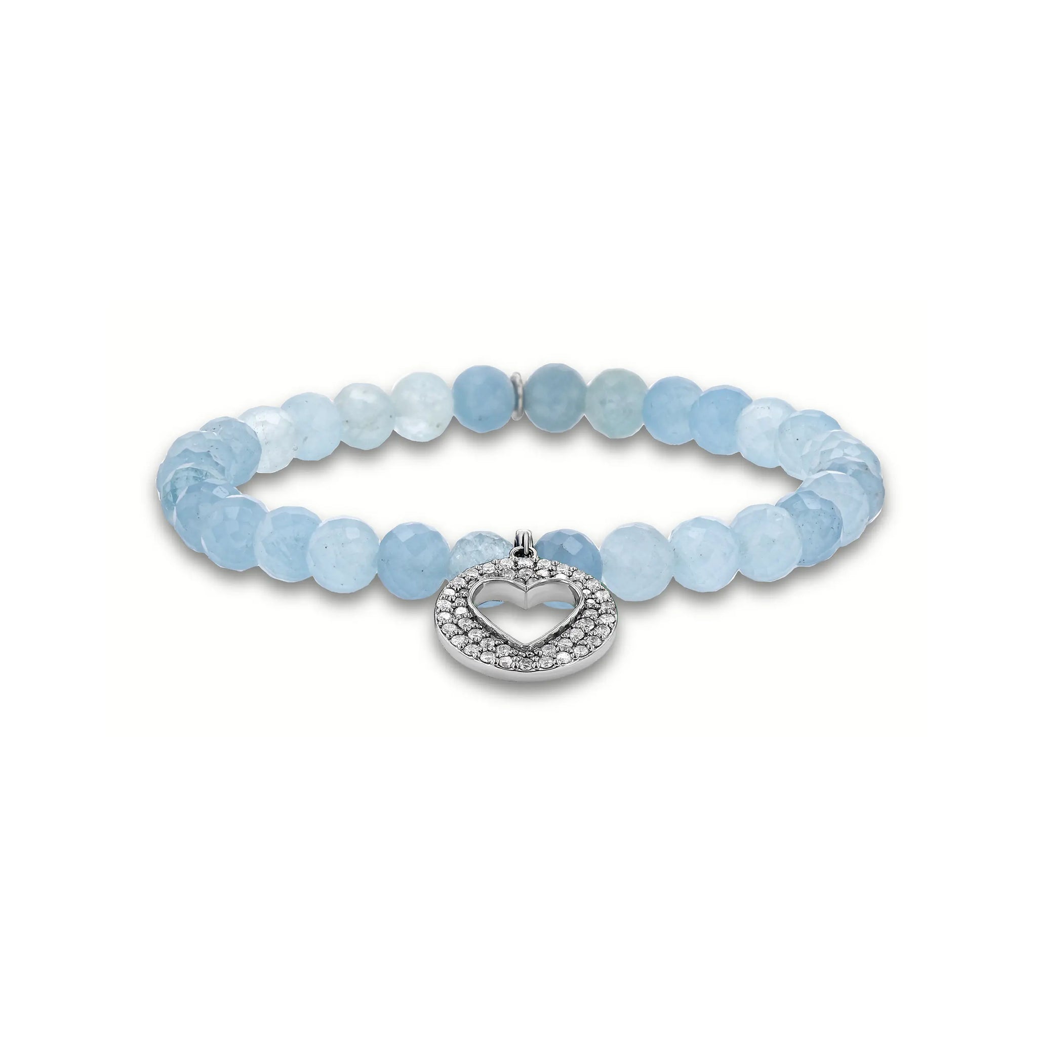 Aquamarine Bracelet with Diamond Open Heart Charm - 6mm B0004298