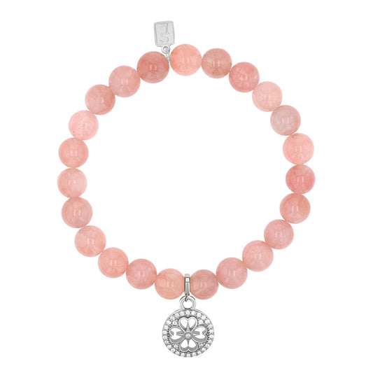 Rose Quartz Bracelet with Diamond Open Clover Charm - 8mm