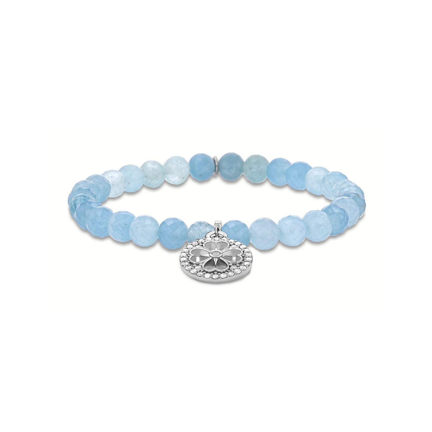 Aquamarine Bracelet with Diamond Open Clover Charm - 6mm B0004305