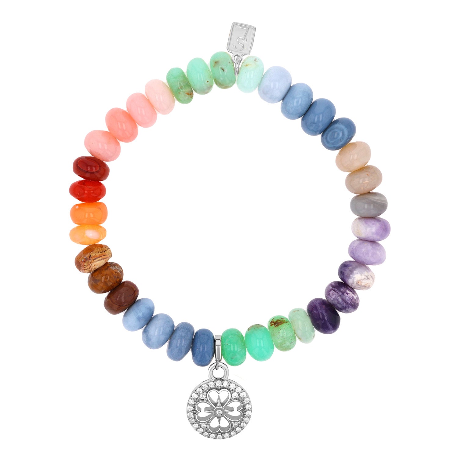 Rainbow Opal Mix Bracelet with Diamond Open Clover Charm - 8mm