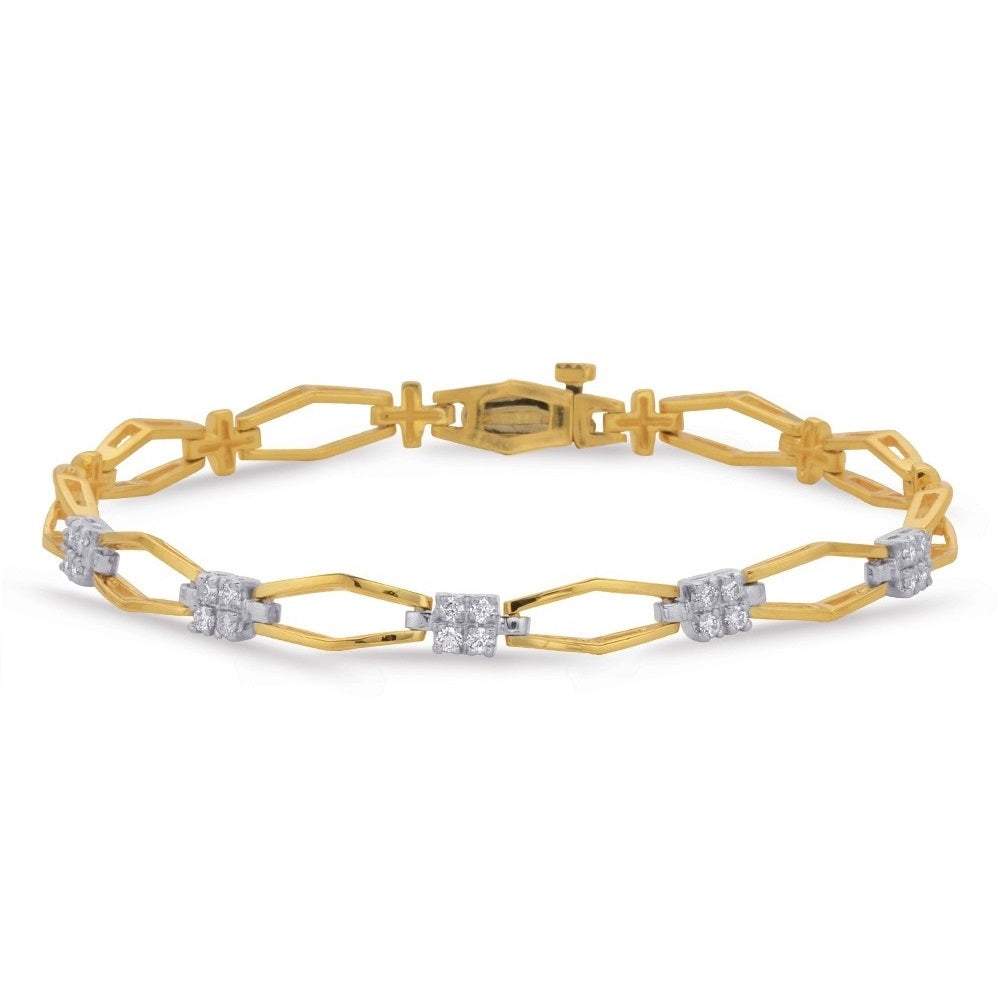 This Bracelet is available in 14K Yellow & White Gold. There are a total of 20 stones. There are Round with a total carat weight of 0.36 set in a Prong Set setting.