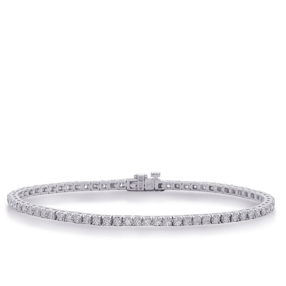 This Bracelet is available in 14K White Gold. There are a total of 58 stones. There are Round with a total carat weight of 5 set in a  setting.