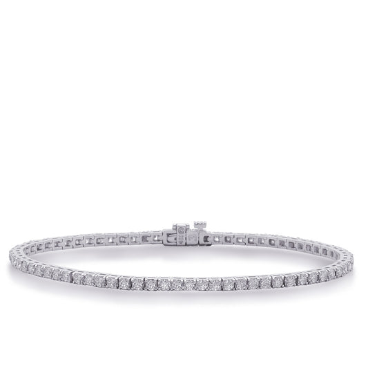 This Bracelet is available in 14K White Gold. There are a total of 58 stones. There are Round with a total carat weight of 5 set in a  setting.