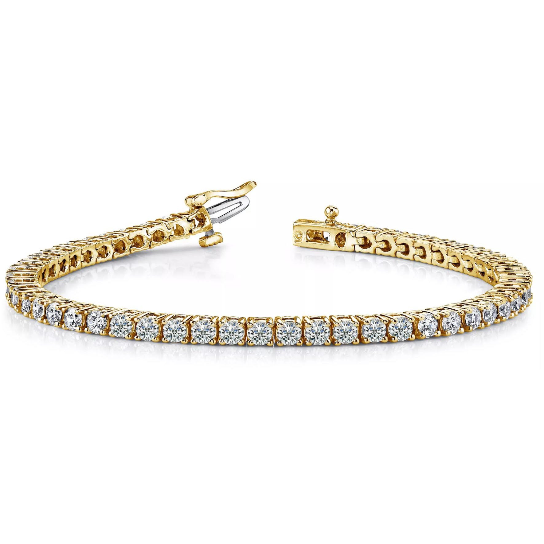 This Bracelet is available in 14K Yellow Gold. There are a total of 61 stones. There are Round with a total carat weight of 3 set in a  setting.