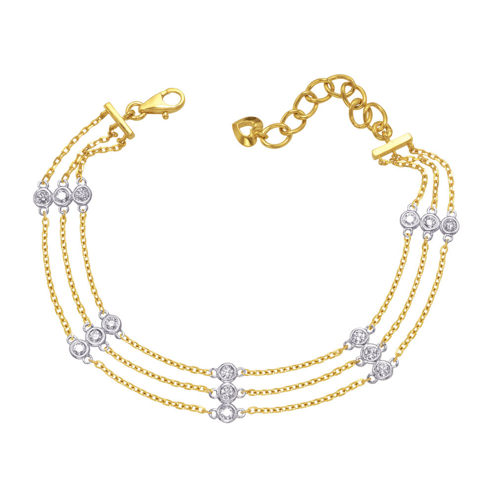 This Bracelet is available in 14K Yellow & White Gold. There are a total of 15 stones. There are Round with a total carat weight of 0.64 set in a  setting.