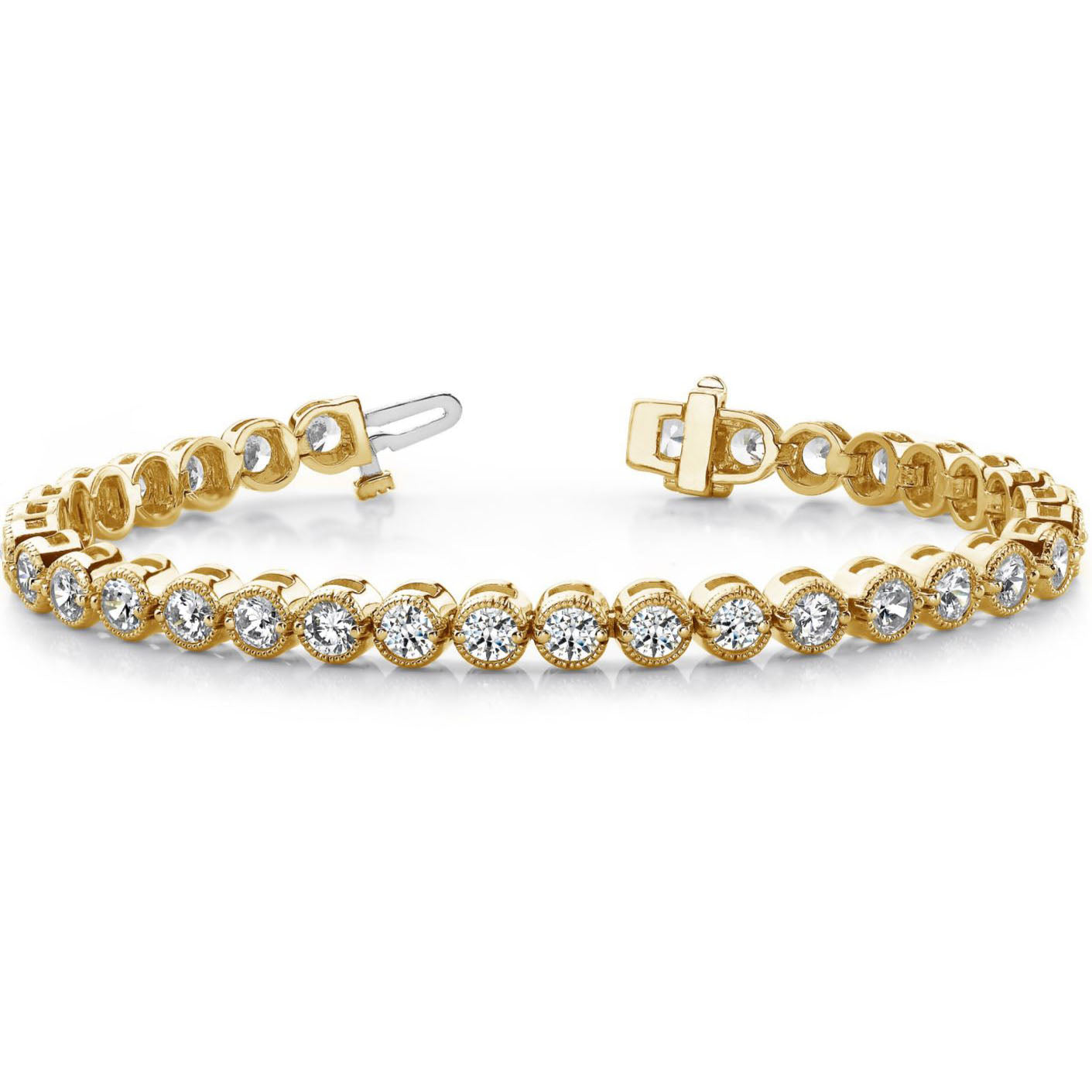 This Bracelet is available in 14K Yellow Gold. There are a total of 73 stones. There are Round with a total carat weight of 1 set in a Bezel Set setting.