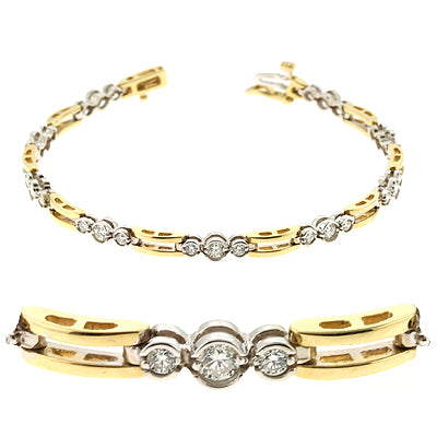 This Bracelet is available in 14K Yellow & White Gold. There are a total of 27 stones. There are Round with a total carat weight of 0.94 set in a  setting.
