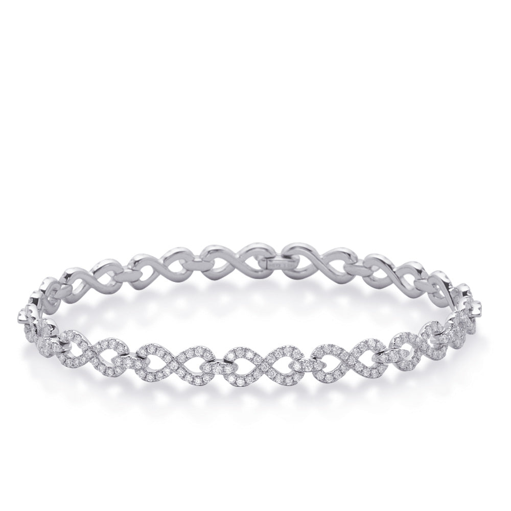 This Bracelet is available in 14K White Gold. There are a total of 281 stones. There are Round with a total carat weight of 2.54 set in a Micro Prong setting.