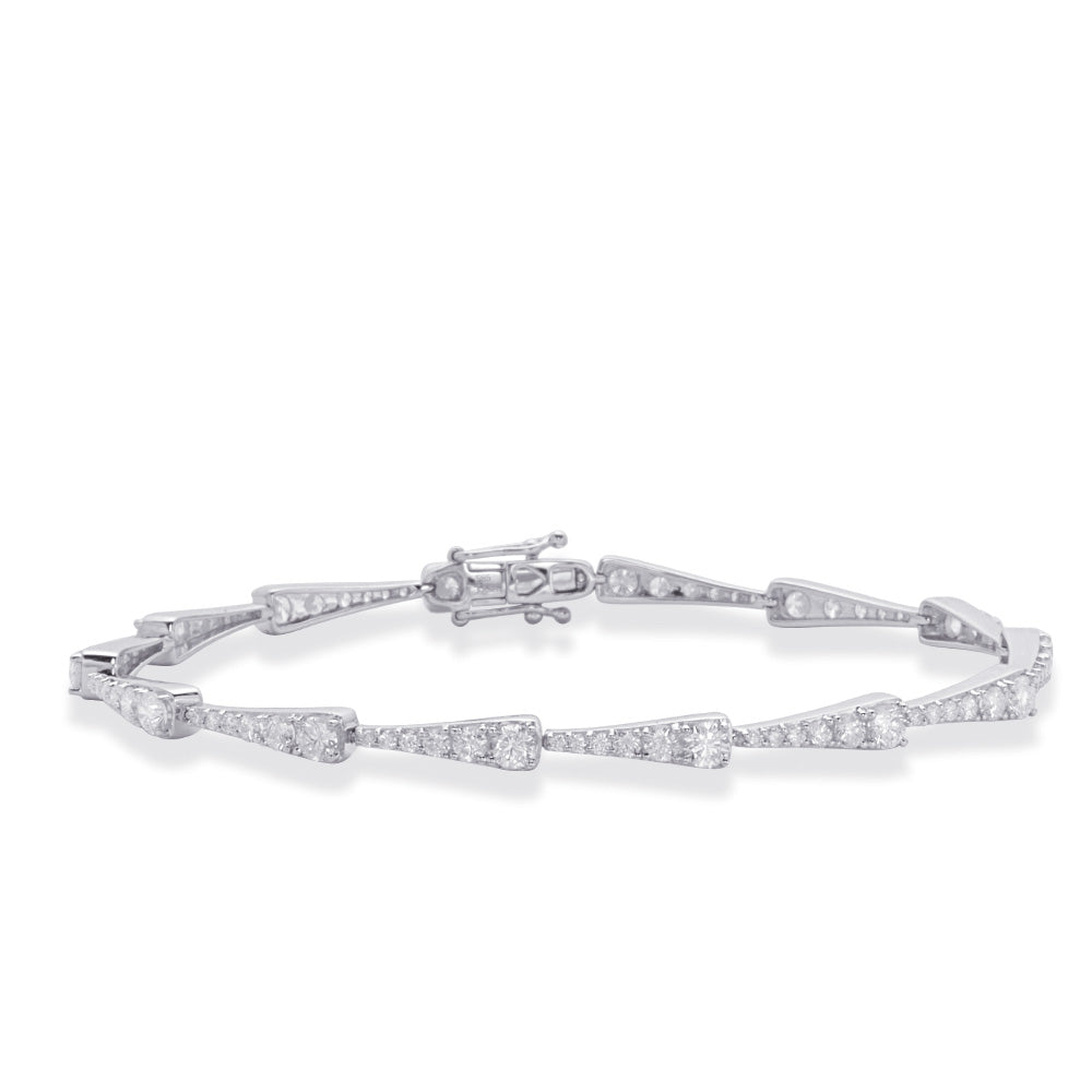 This Bracelet is available in 14K White Gold. There are a total of 90 stones. There are Round with a total carat weight of 2.08 set in a Micro Prong|Prong Set setting.