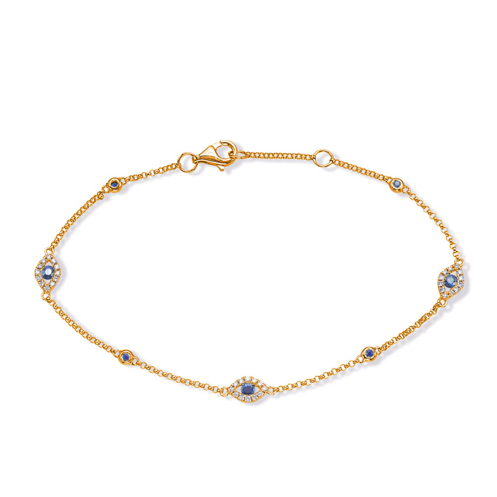 This Bracelet is available in 14K Yellow Gold. There are a total of 43 stones. There are Round with a total carat weight of 0.14 set in a Bezel Set|Channel Set|Micro Prong setting.There are Sapphire stones with a total carat weight of 0.3 set in a Bezel Set|Channel Set|Micro Prong.