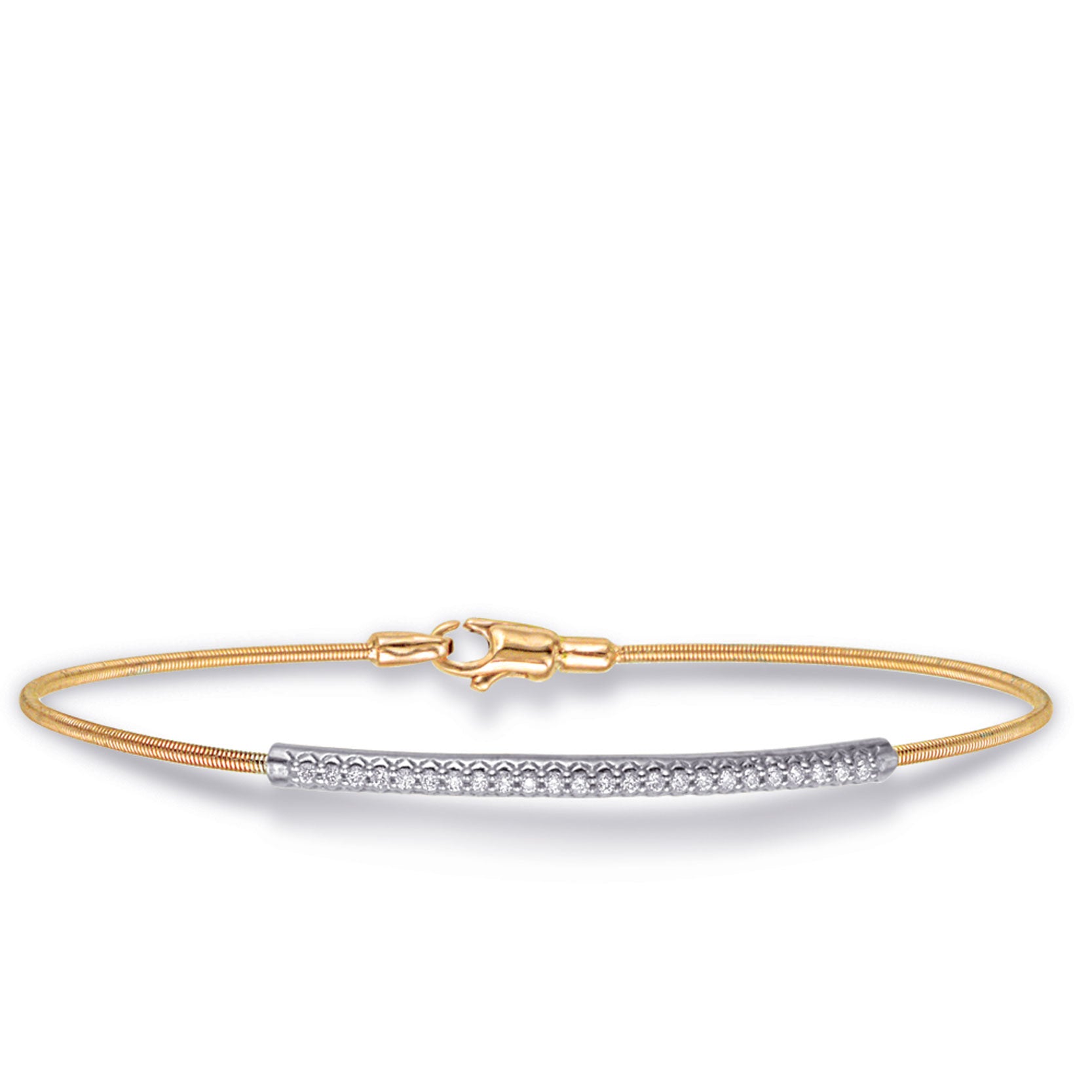 This Bracelet is available in 14K Yellow & White Gold. There are a total of 24 stones. There are Round with a total carat weight of 0.15 set in a  setting.