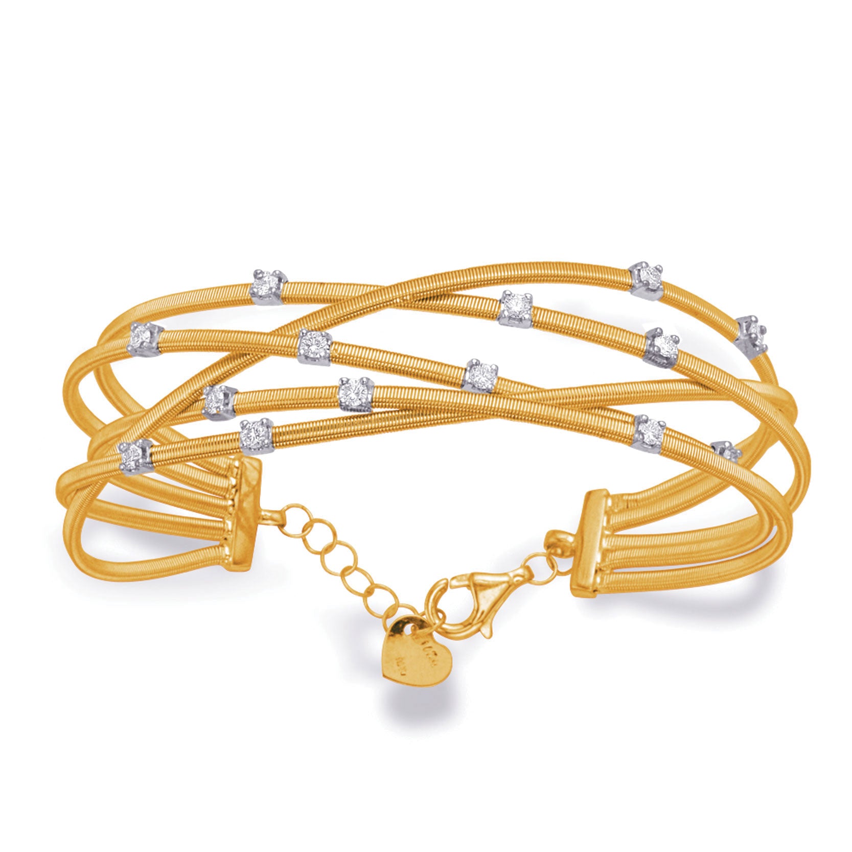 This Bracelet is available in 14K Yellow & White Gold. There are a total of 14 stones. There are Round with a total carat weight of 0.6 set in a  setting.