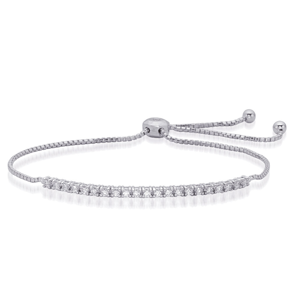 This Bracelet is available in 14K White Gold. There are a total of 25 stones. There are Round with a total carat weight of 0.45 set in a  setting.