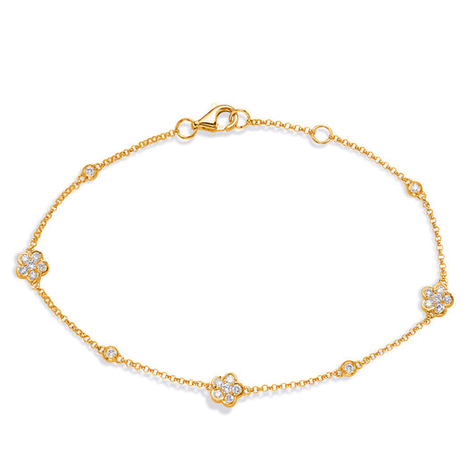 This Bracelet is available in 14K Yellow Gold. There are a total of 22 stones. There are Round with a total carat weight of 0.34 set in a Bezel Set|Prong Set setting.
