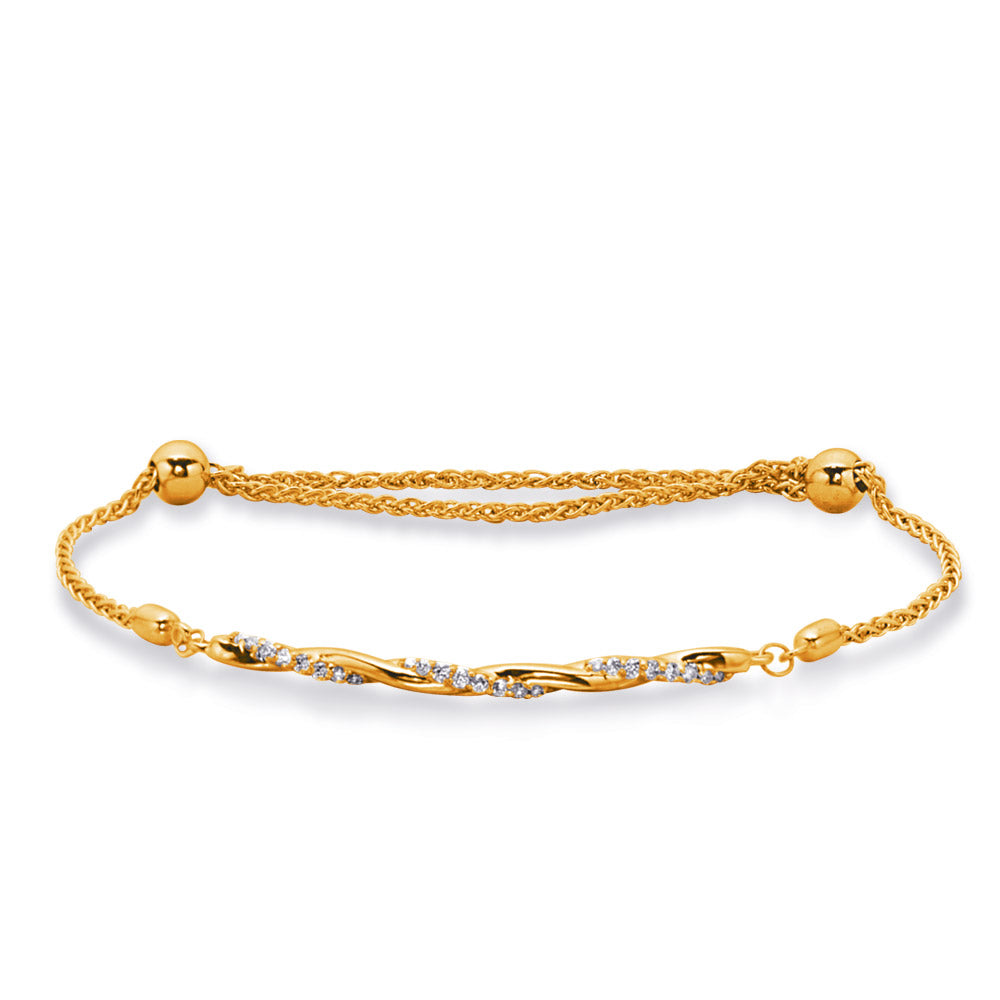 This Bracelet is available in 14K Yellow Gold. There are a total of 24 stones. There are Round with a total carat weight of 0.2 set in a Micro Prong setting.