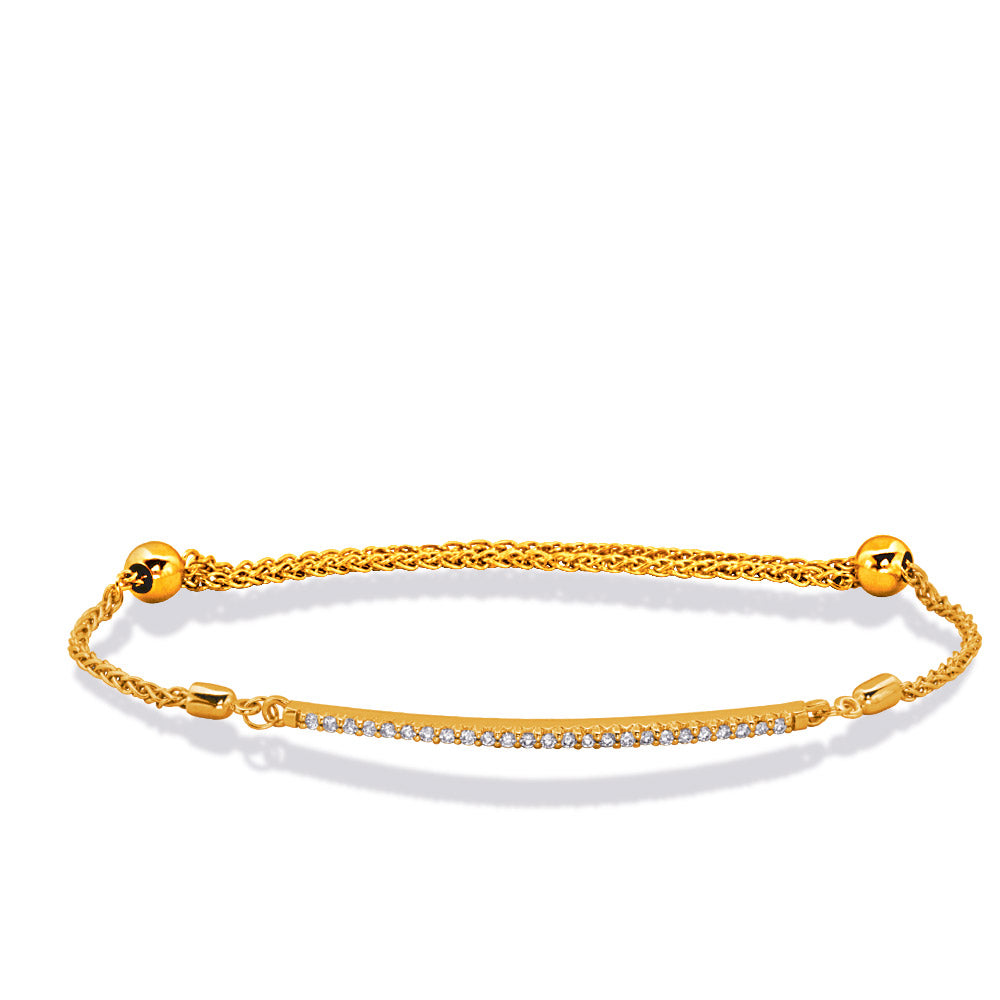 This Bracelet is available in 14K Yellow Gold. There are a total of 25 stones. There are Round with a total carat weight of 0.24 set in a Micro Prong setting.