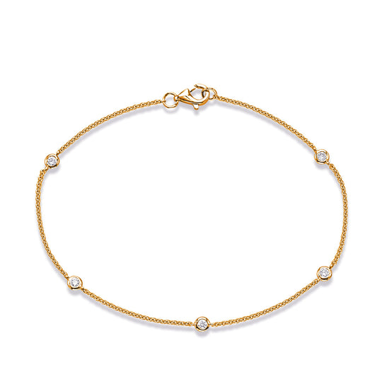 This Bracelet is available in 14K Yellow Gold. There are a total of 5 stones. There are Round with a total carat weight of 0.14 set in a Bezel Set setting.