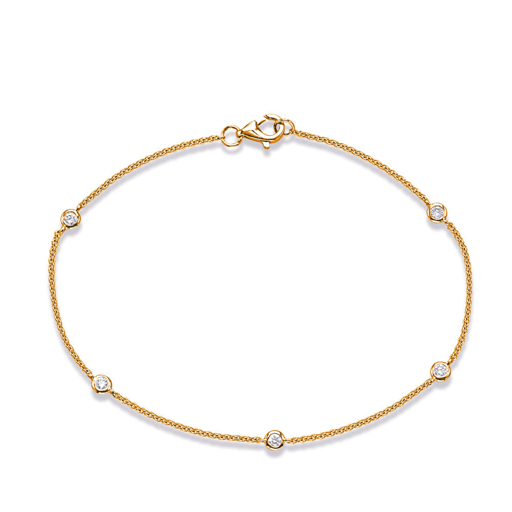 This Bracelet is available in 14K Yellow Gold. There are a total of 5 stones. There are Round with a total carat weight of 0.14 set in a Bezel Set setting.