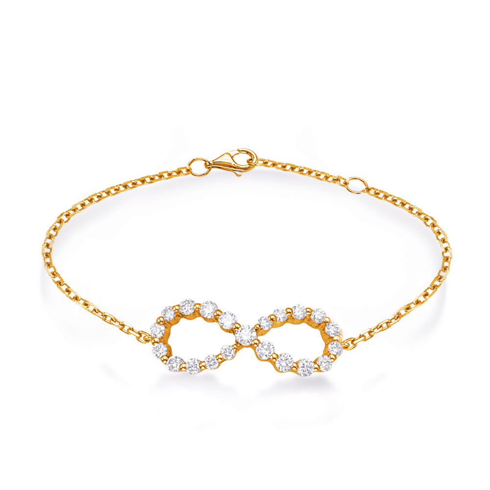 This Bracelet is available in 14K Yellow Gold. There are a total of 21 stones. There are Round with a total carat weight of 0.42 set in a Micro Prong setting.
