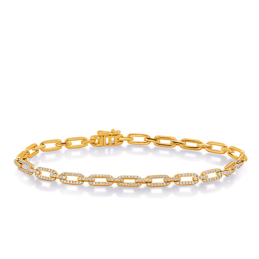 This Bracelet is available in 14K Yellow & White Gold. There are a total of 386 stones. There are Round with a total carat weight of 1.14 set in a Micro Prong setting.